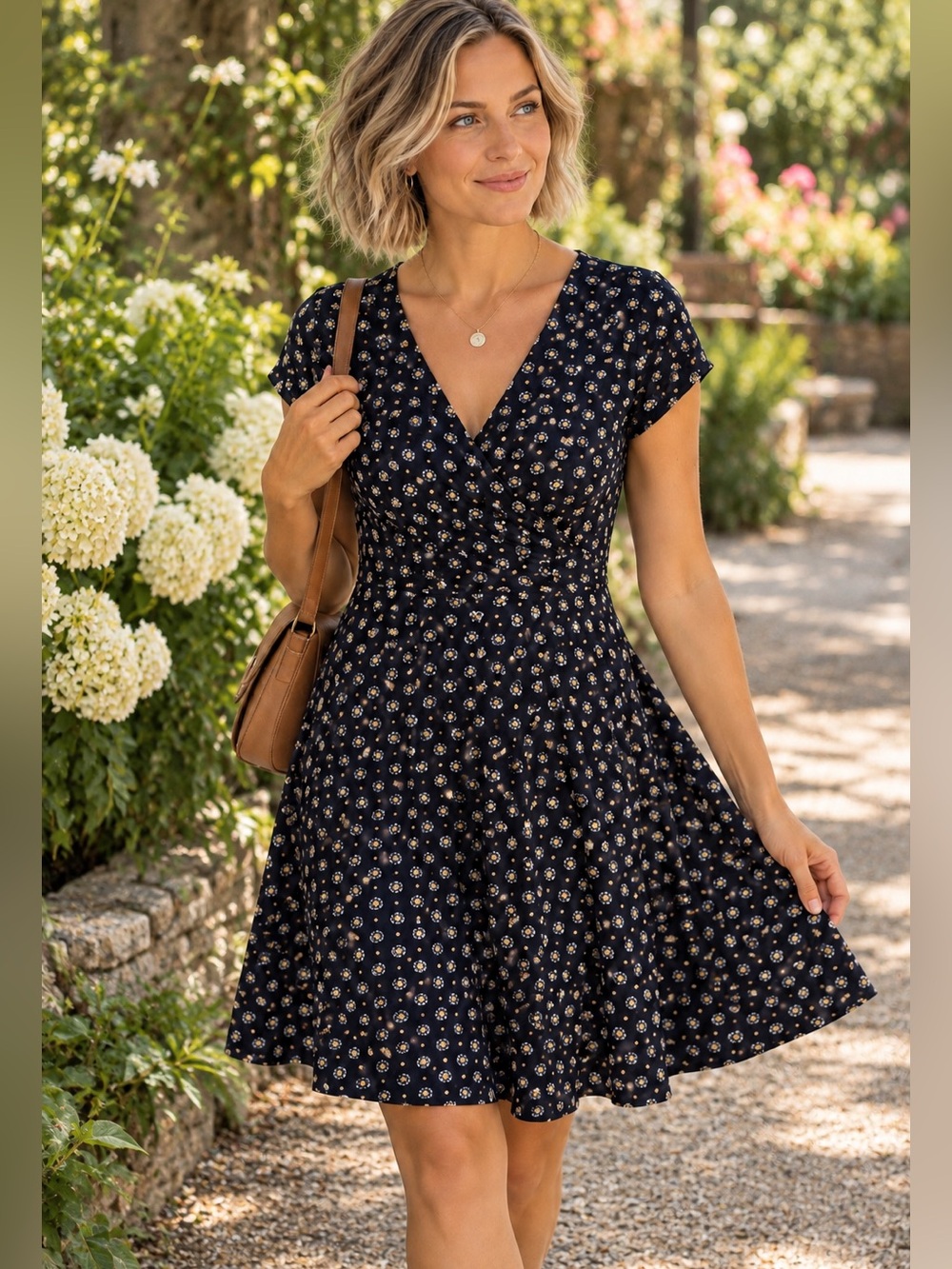 Kaileigh Navy Medallion Print Faux Wrap V-Neck Fit & Flare Dress M